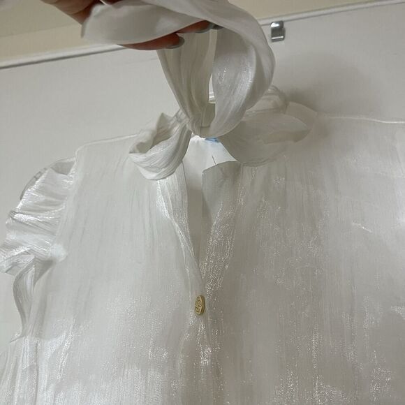 Draper James shiny white pearl button down tie collar blouse top Small - Picture 4 of 5